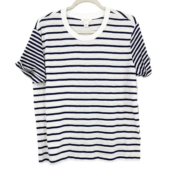 New Caslon Womens Small T-Shirt Tee Navy Blue White Stripe Crew Neck Lightweight - Picture 1 of 9